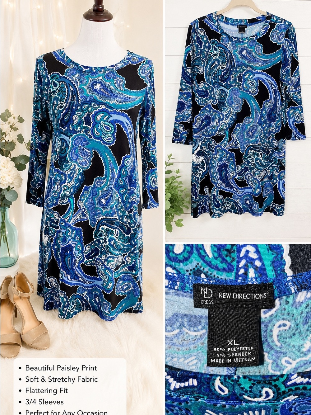 New Directions Navy and Turquoise Paisley Shift Dress